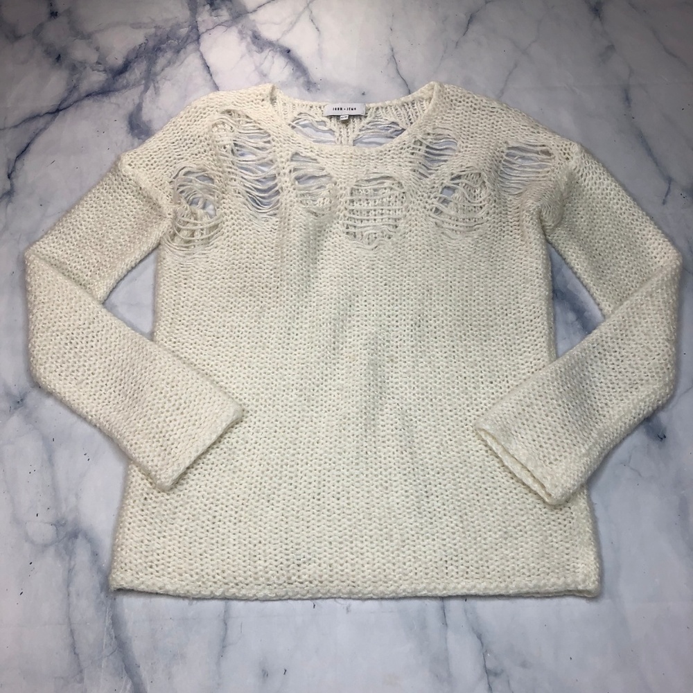 John + Jenn Destructed Cream Crewneck Sweater - Picture 3 of 7